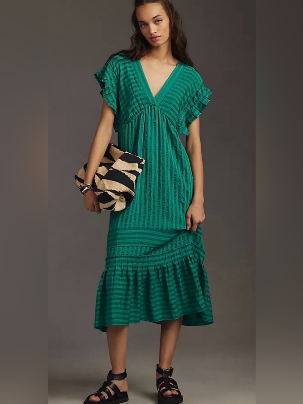 By Anthropologie Flutter sleeve Green V-Neck Ruffle Midi Dress - Large - $158